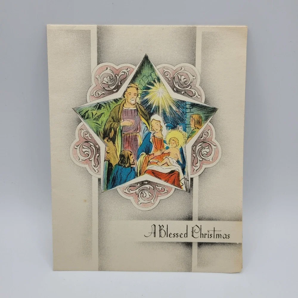 Vintage Christmas Card Nativity Scene Star Shaped Made in USA‎ Religious Holiday